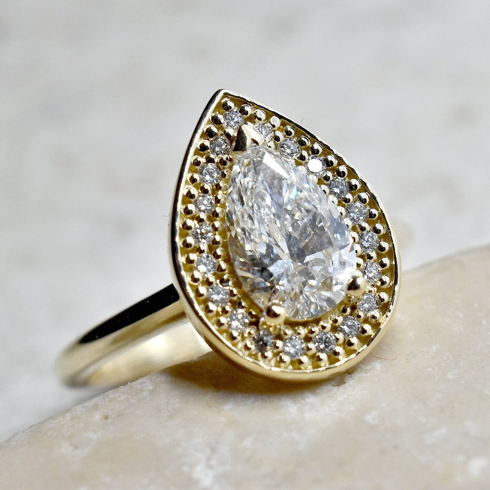 0.94ct Lab-Grown Pear-Shaped Diamond Halo Engagement Ring - Magpie Jewellery