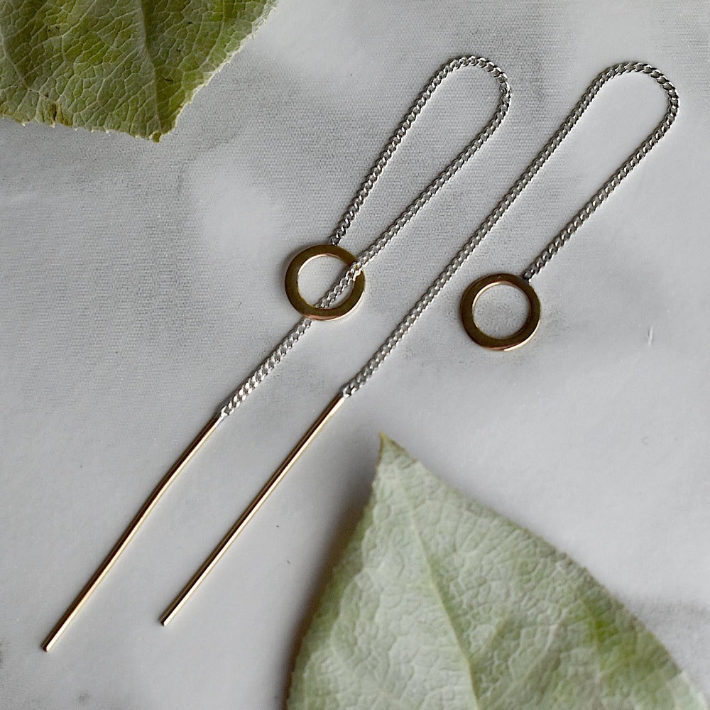 Planet Brass &amp; Silver Chain Ear Threaders - Magpie Jewellery