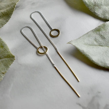 Planet Brass & Silver Chain Ear Threaders - Magpie Jewellery