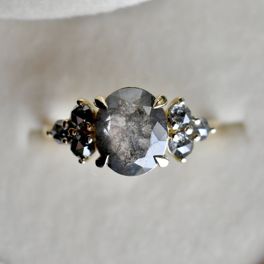 Oval Salt &amp; Pepper Diamond Ring with Clustered Accents - Magpie Jewellery