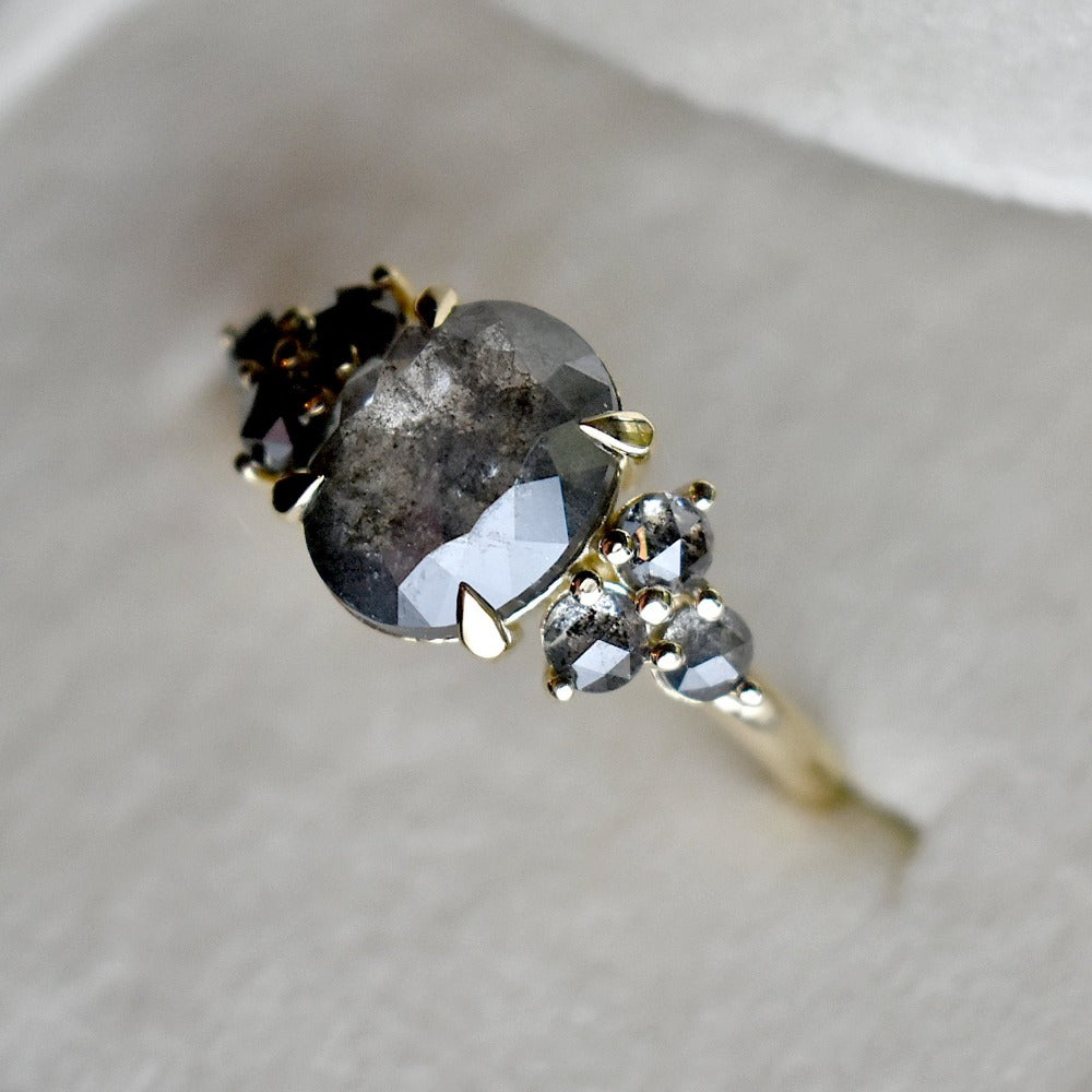 Oval Salt &amp; Pepper Diamond Ring with Clustered Accents - Magpie Jewellery