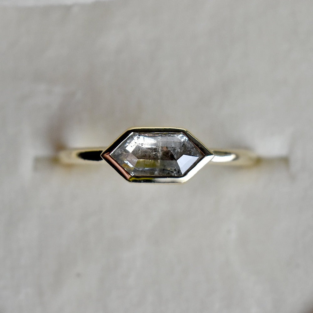 East-West Hexagonal Salt &amp; Pepper Diamond Solitaire - Magpie Jewellery