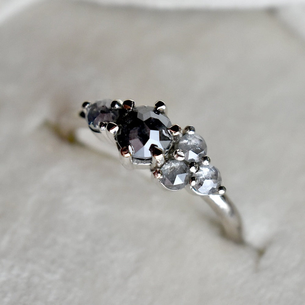 Asymmetrical Five Stone Salt & Pepper Diamond Ring - Magpie Jewellery