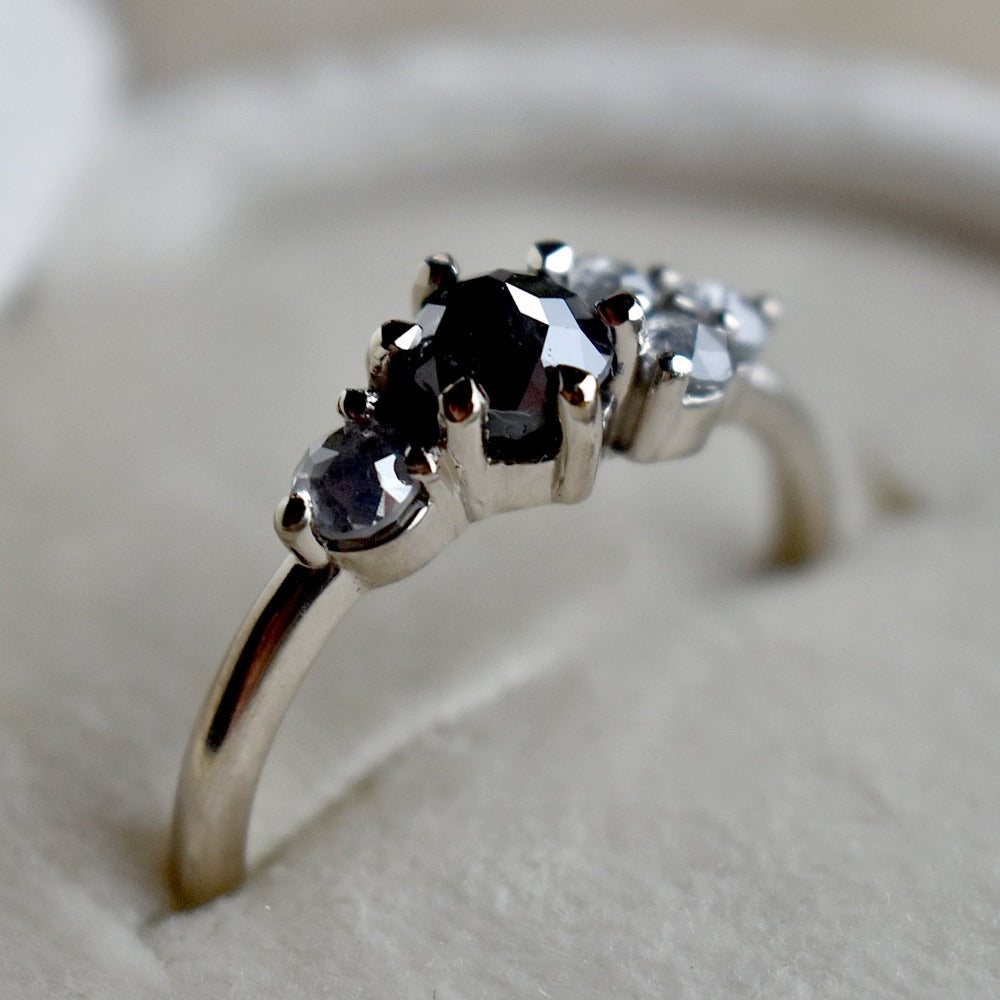 Asymmetrical Five Stone Salt &amp; Pepper Diamond Ring - Magpie Jewellery