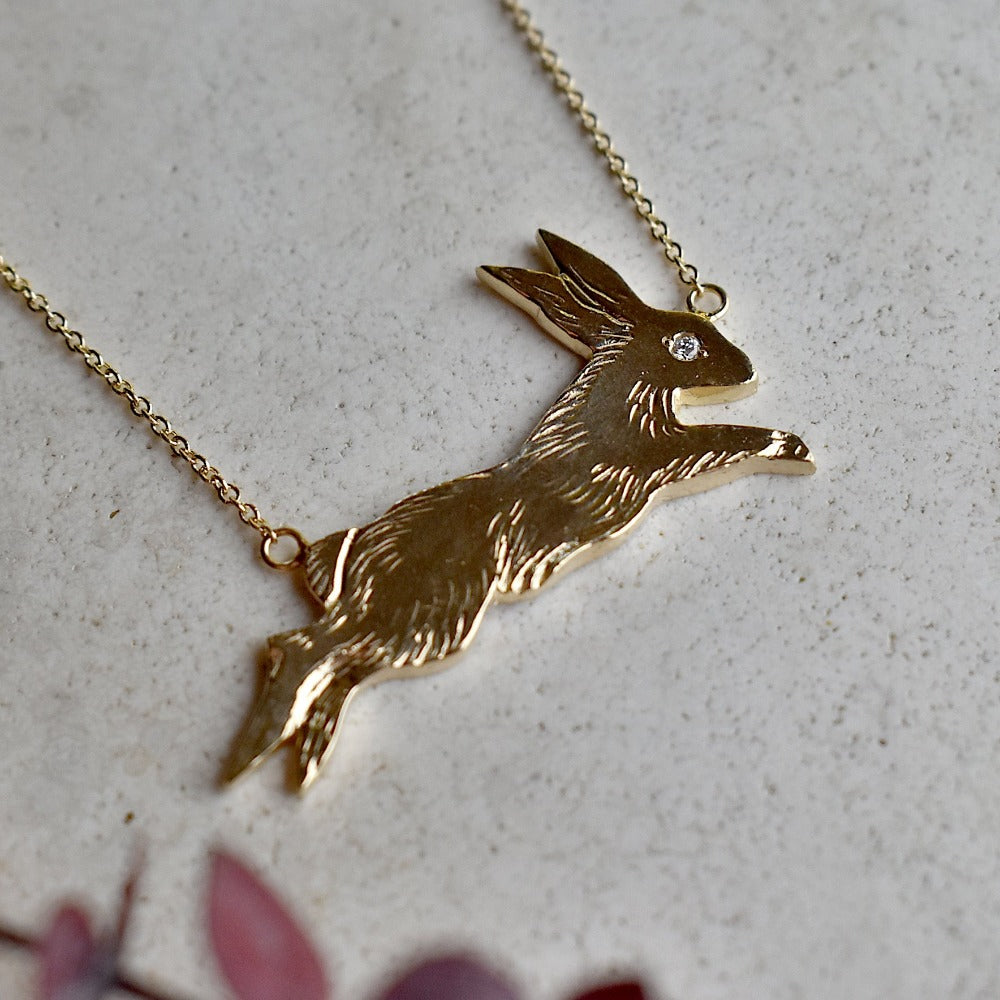 14ky Leaping Rabbit Necklace with Diamond Eye - Magpie Jewellery