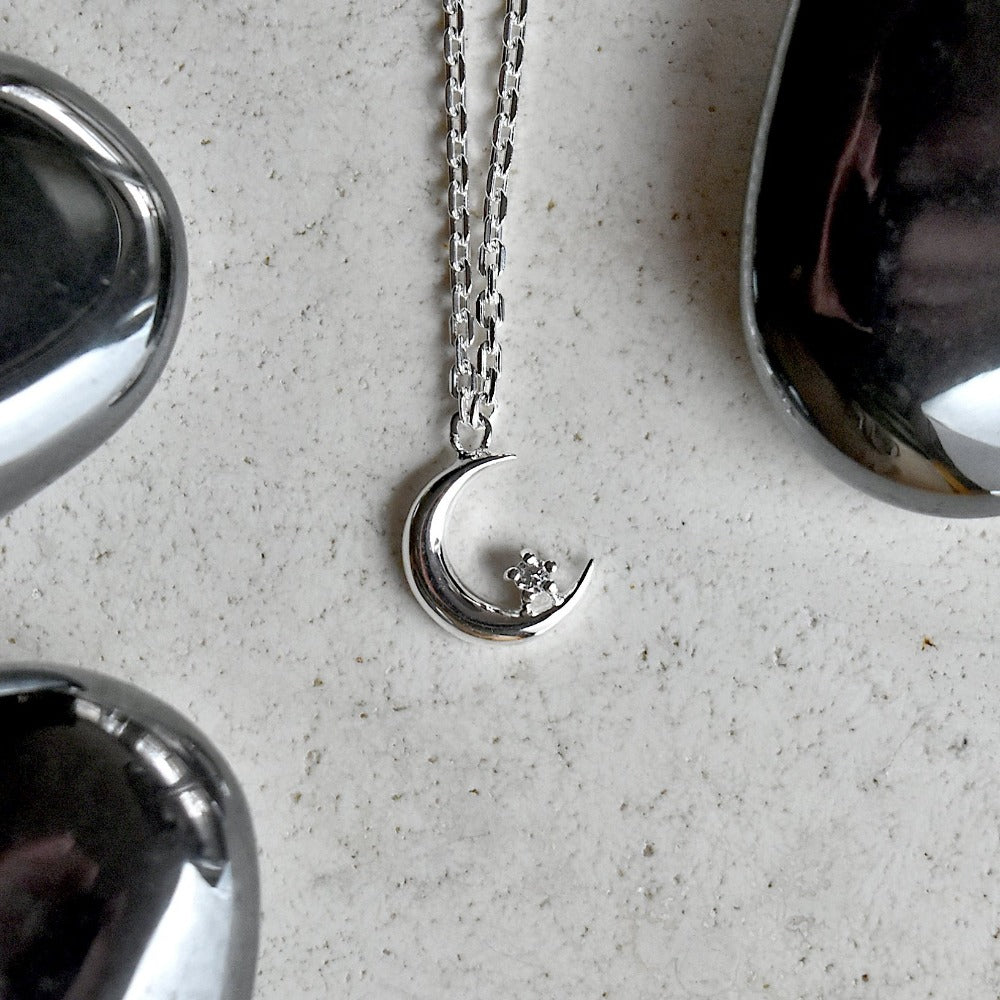 Crescent Moon Necklace with CZ Accent - Magpie Jewellery