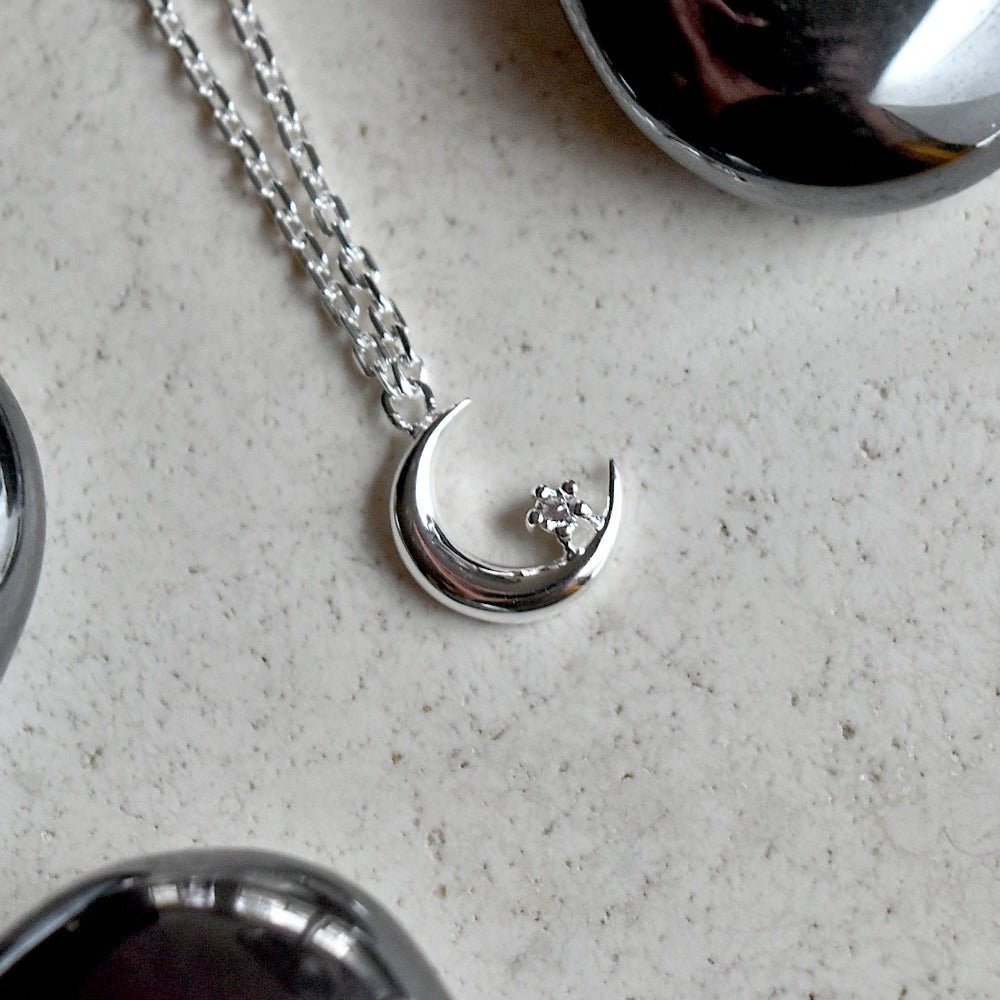 Crescent Moon Necklace with CZ Accent - Magpie Jewellery