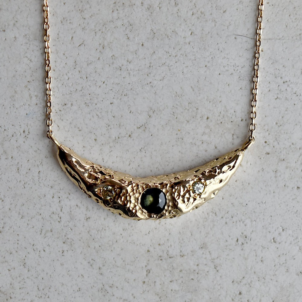 14ky Crescent Moon Necklace with Green &amp; Blue Sapphires - Magpie Jewellery