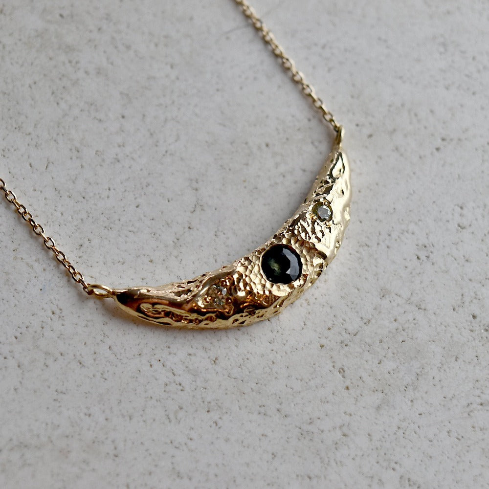 14ky Crescent Moon Necklace with Green &amp; Blue Sapphires - Magpie Jewellery