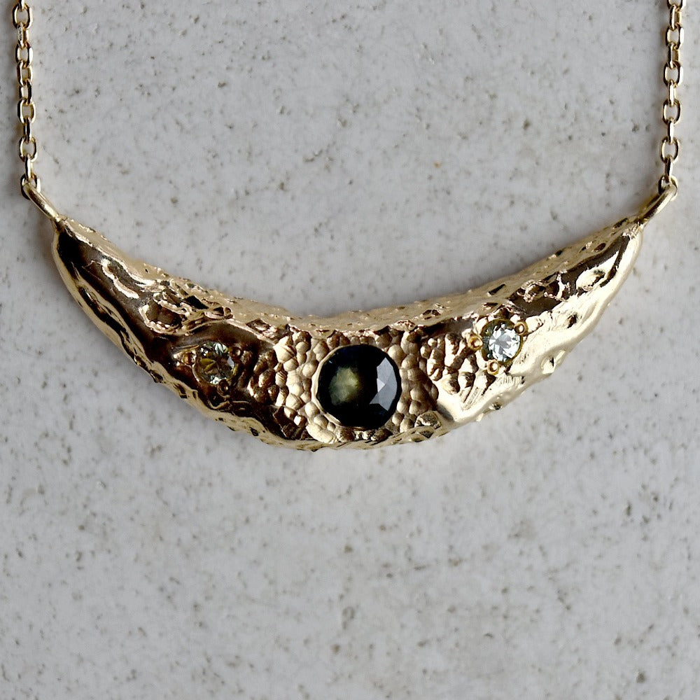 14ky Crescent Moon Necklace with Green &amp; Blue Sapphires - Magpie Jewellery