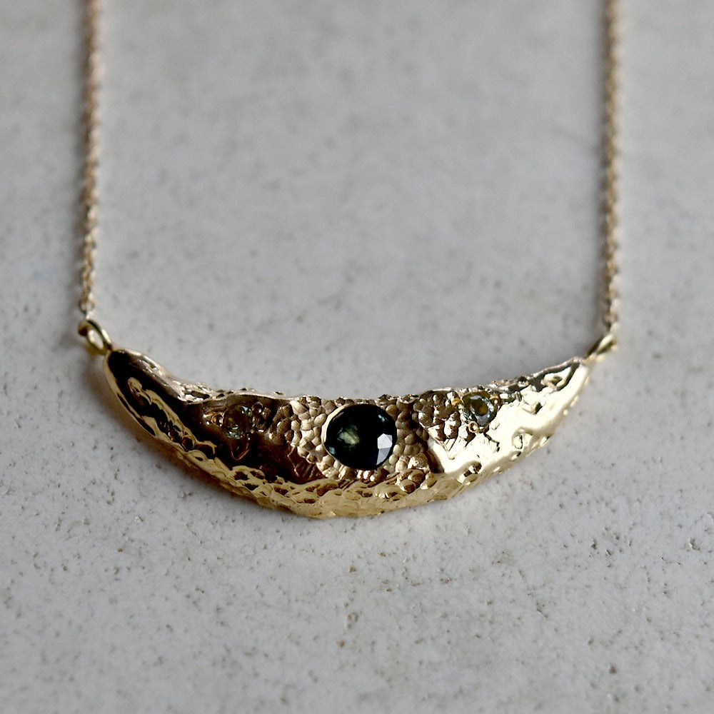 14ky Crescent Moon Necklace with Green &amp; Blue Sapphires - Magpie Jewellery