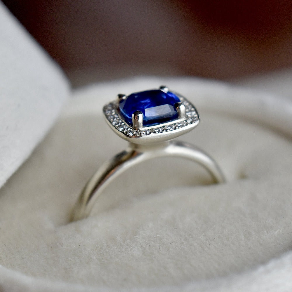 Cushion-Cut Blue Sapphire Halo Engagement Ring - Magpie Jewellery