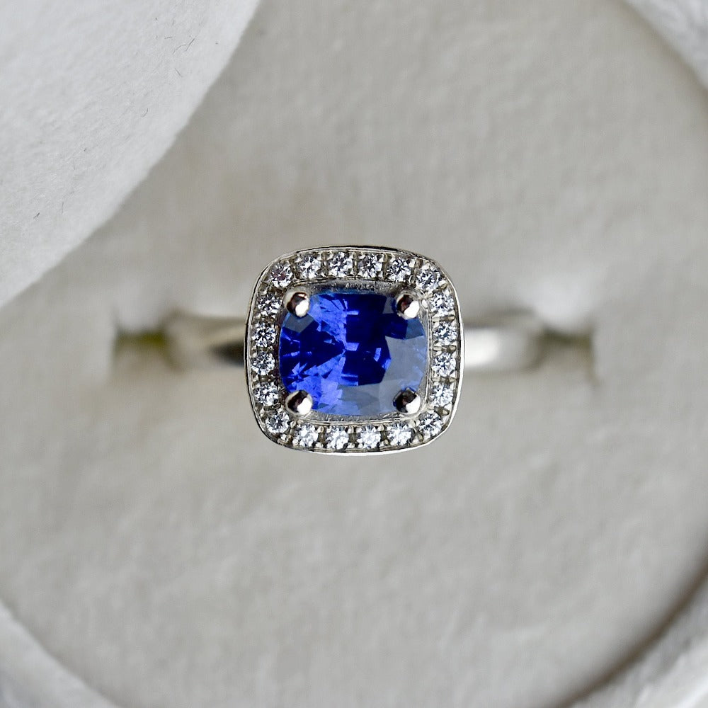Cushion-Cut Blue Sapphire Halo Engagement Ring - Magpie Jewellery