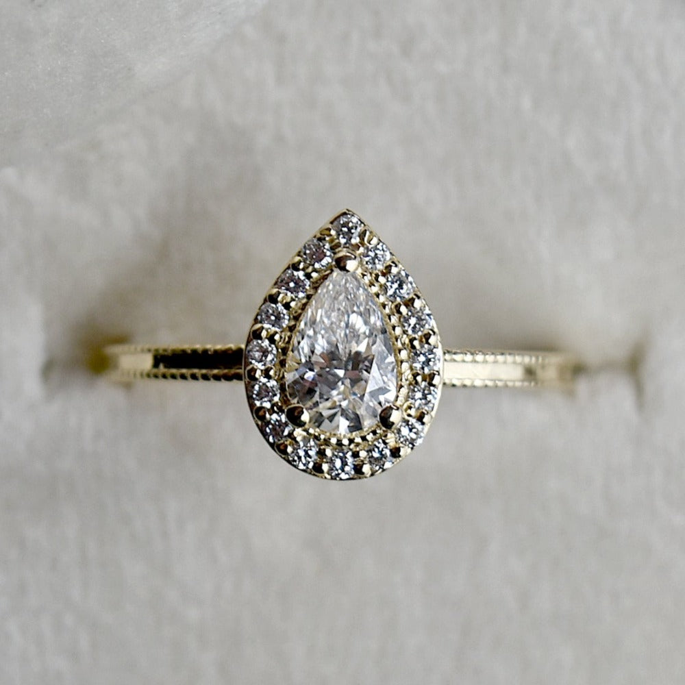 0.44ct Lab-Grown Pear-Shaped Diamond Halo Engagement Ring with Milgrain Band - Magpie Jewellery