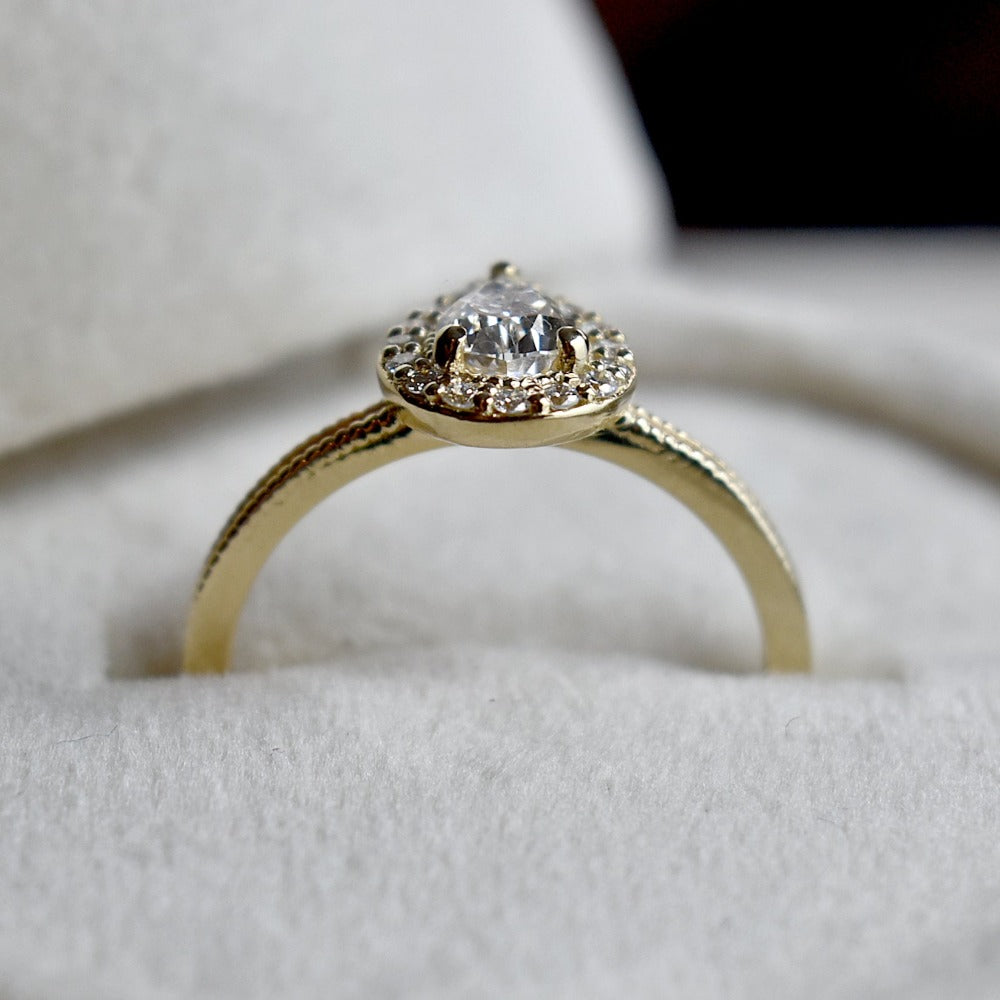 0.44ct Lab-Grown Pear-Shaped Diamond Halo Engagement Ring with Milgrain Band - Magpie Jewellery