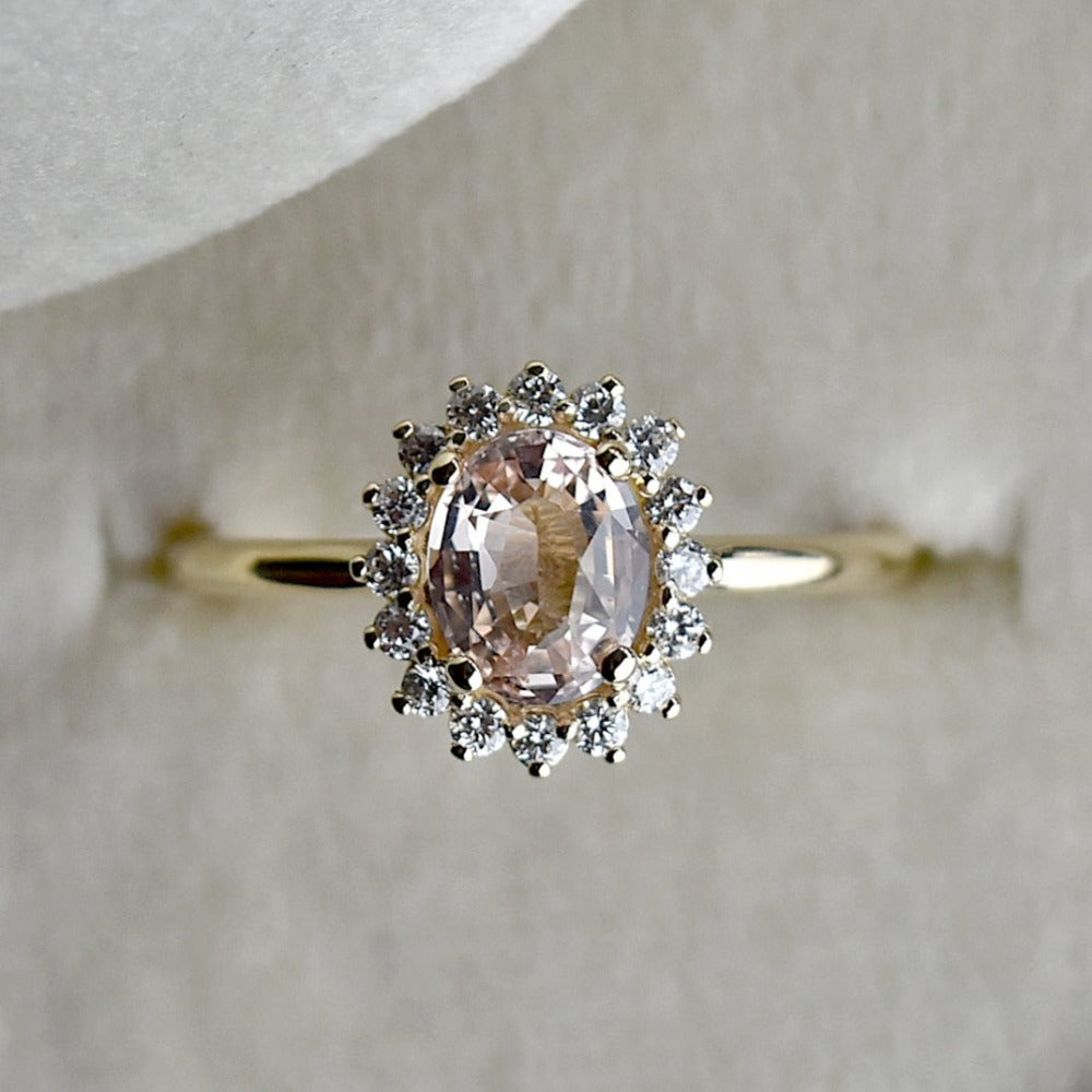 Oval Peach Sapphire Halo Engagement Ring - Magpie Jewellery