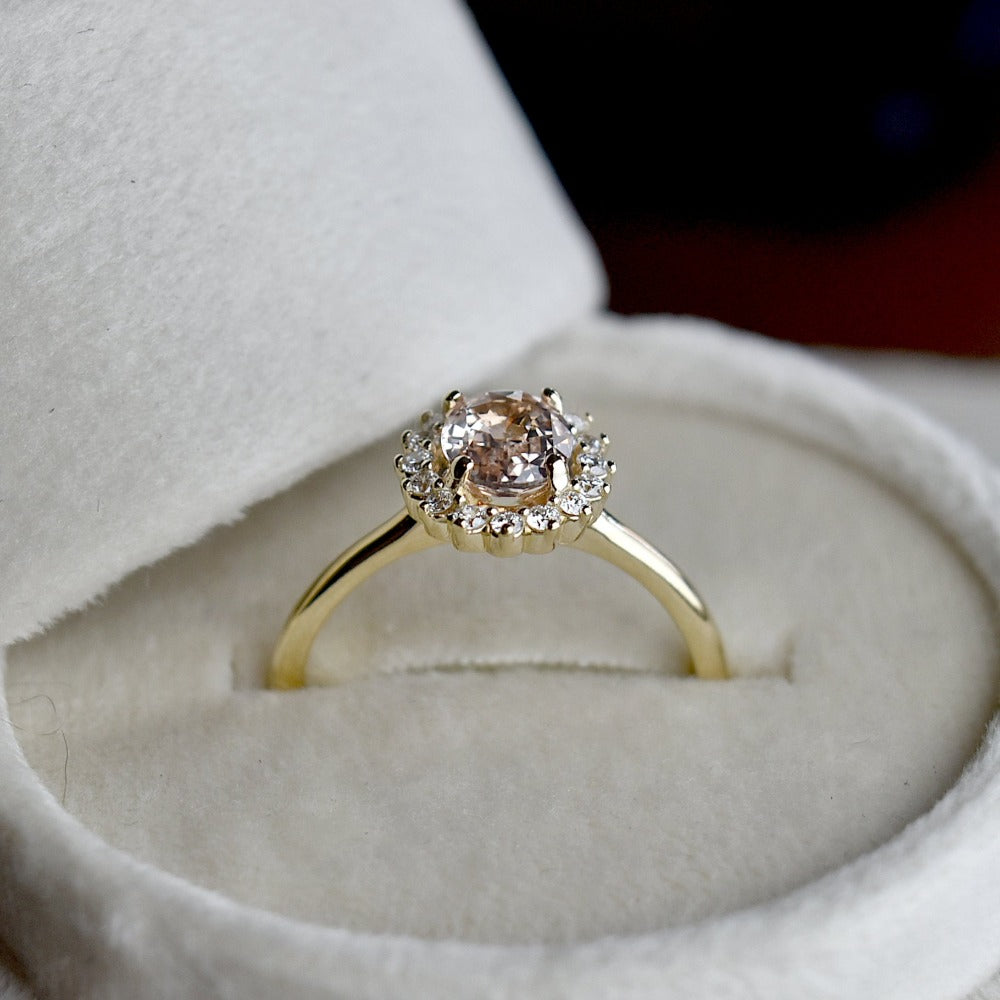 Oval Peach Sapphire Halo Engagement Ring - Magpie Jewellery