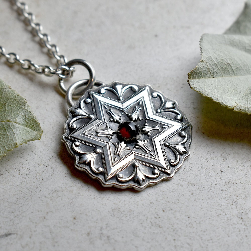 Victorian Star of David Necklace with Garnet Centre - Magpie Jewellery