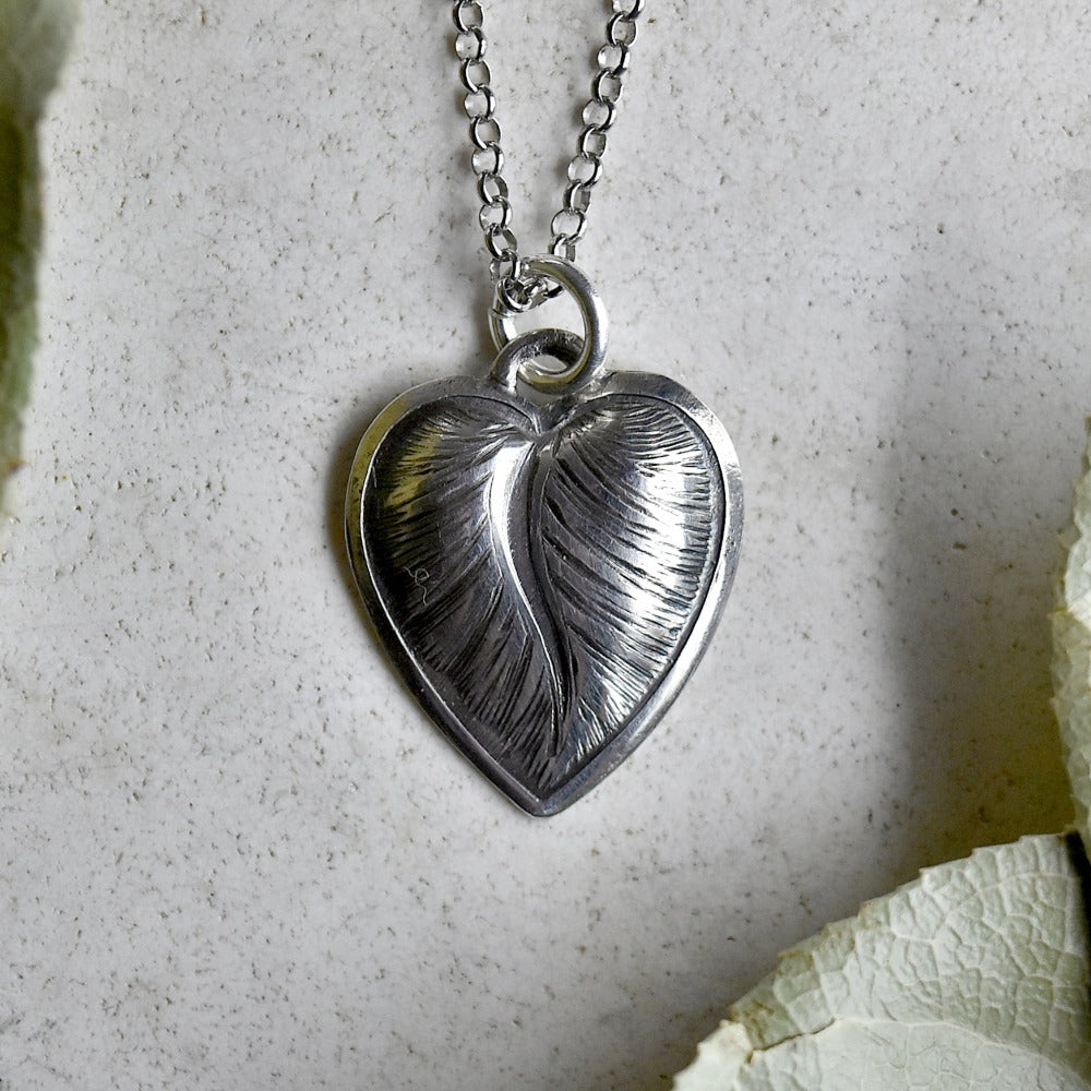 &#39;Leaf/Heart&#39; Die Struck Silver Necklace - Magpie Jewellery