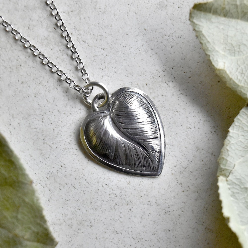 &#39;Leaf/Heart&#39; Die Struck Silver Necklace - Magpie Jewellery