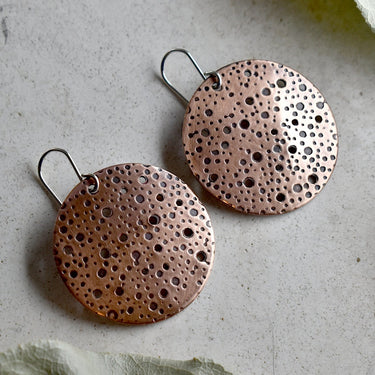 Oxidized Dots Large Copper Disc Drop Earrings - Magpie Jewellery