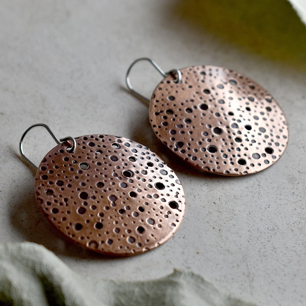 Oxidized Dots Large Copper Disc Drop Earrings - Magpie Jewellery