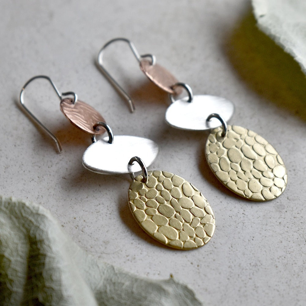 Silver, Brass &amp; Copper Triple Drop Earrings - Magpie Jewellery