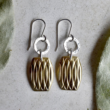 Patterned Brass & Silver Drop Earrings - Magpie Jewellery