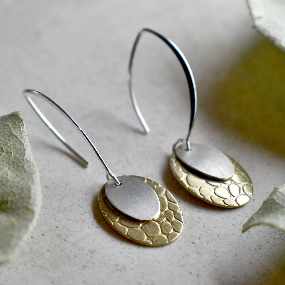 Brass &amp; Silver Long Double Drop Earrings - Magpie Jewellery