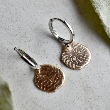 'Coral' Silver Huggie Hoop with Small Bronze Drop - Magpie Jewellery