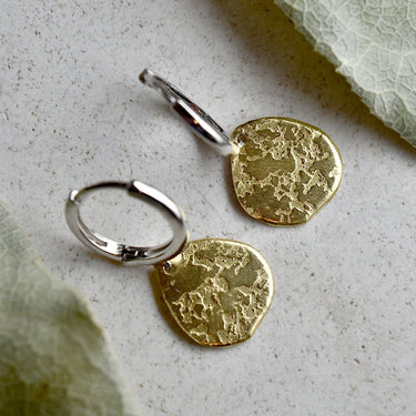 'Ashes' Silver Huggie Hoop with Small Brass Drop - Magpie Jewellery