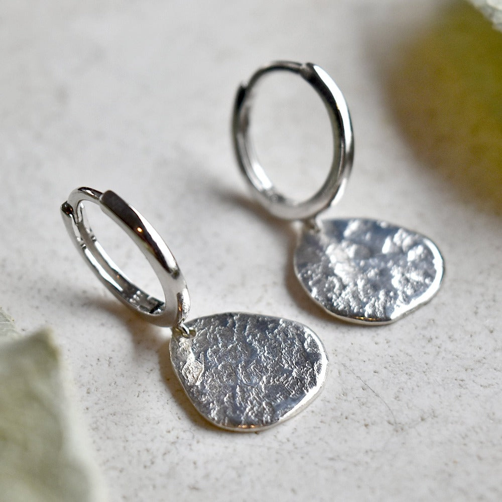 &#39;Concrete&#39; Silver Huggie Hoop with Small Drop - Magpie Jewellery