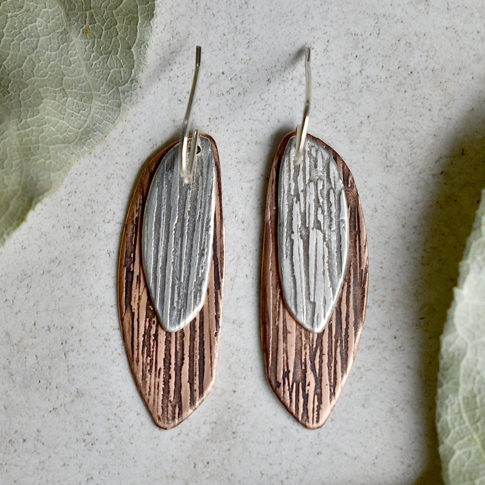 &#39;Silk Texture&#39; Silver &amp; Copper Double Drop Earrings - Magpie Jewellery