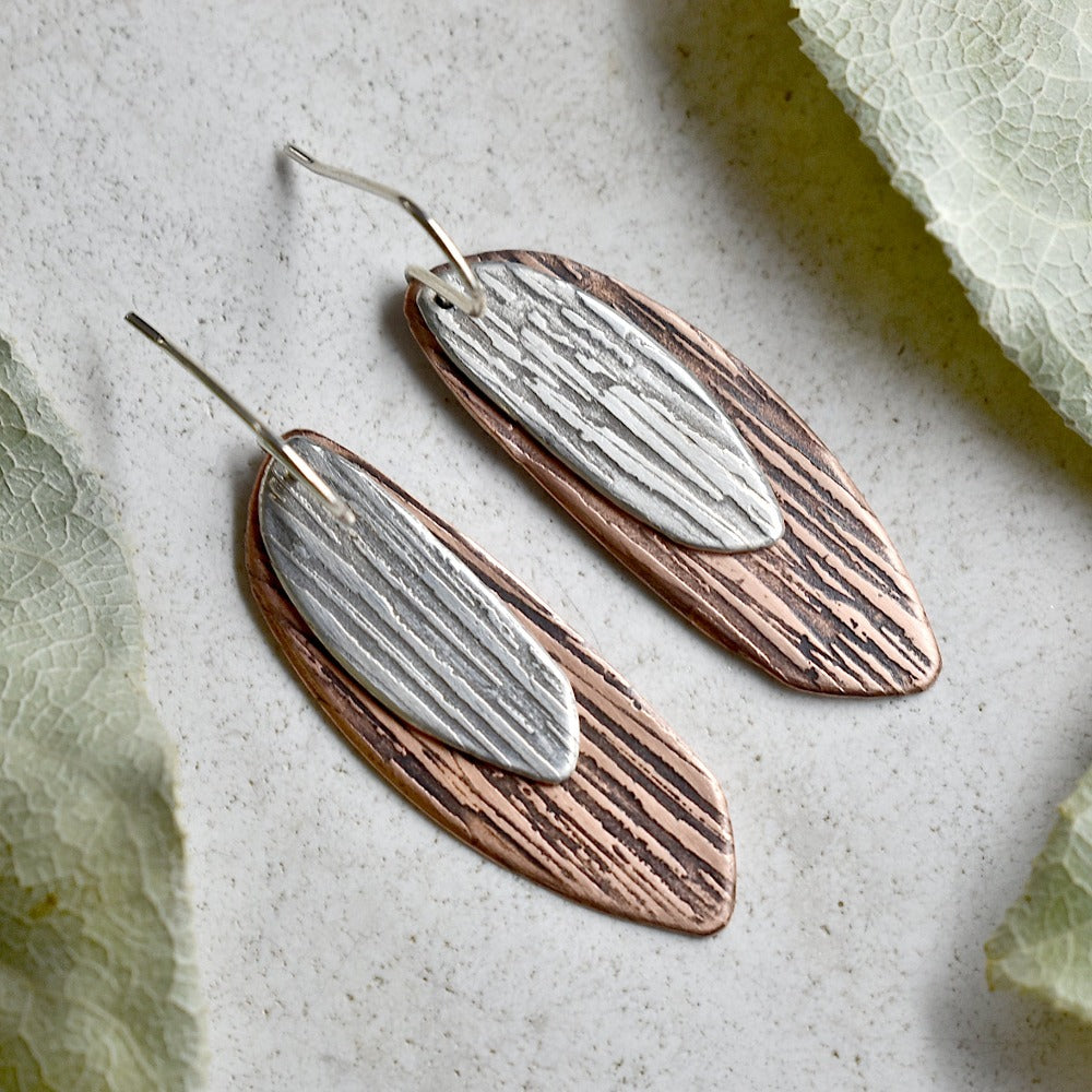 &#39;Silk Texture&#39; Silver &amp; Copper Double Drop Earrings - Magpie Jewellery