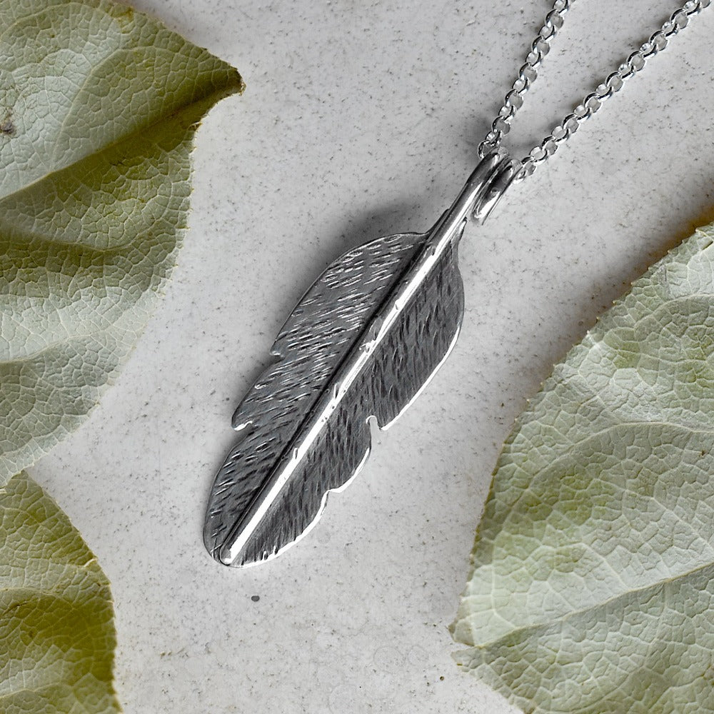 Medium Hand-Textured Feather Necklace - Magpie Jewellery