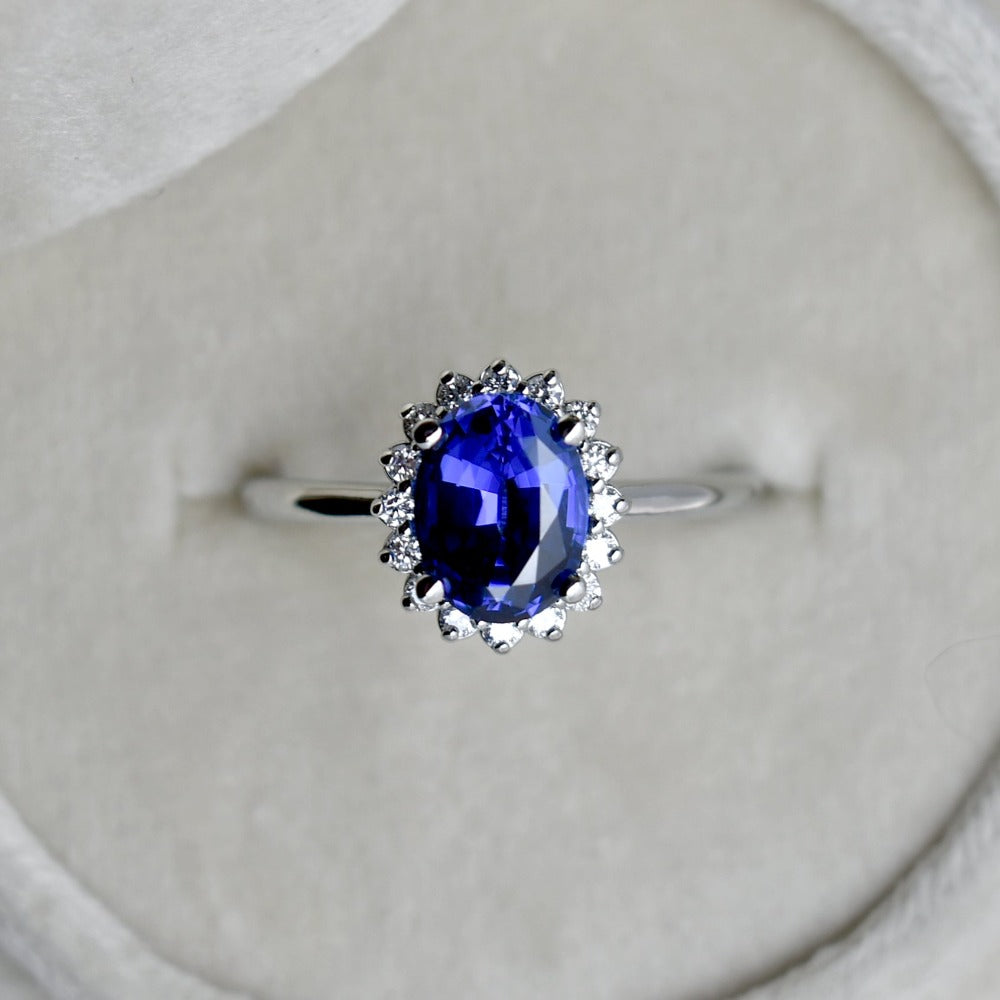 1.67ct Lab-Grown Blue Sapphire Halo Engagement Ring - Magpie Jewellery