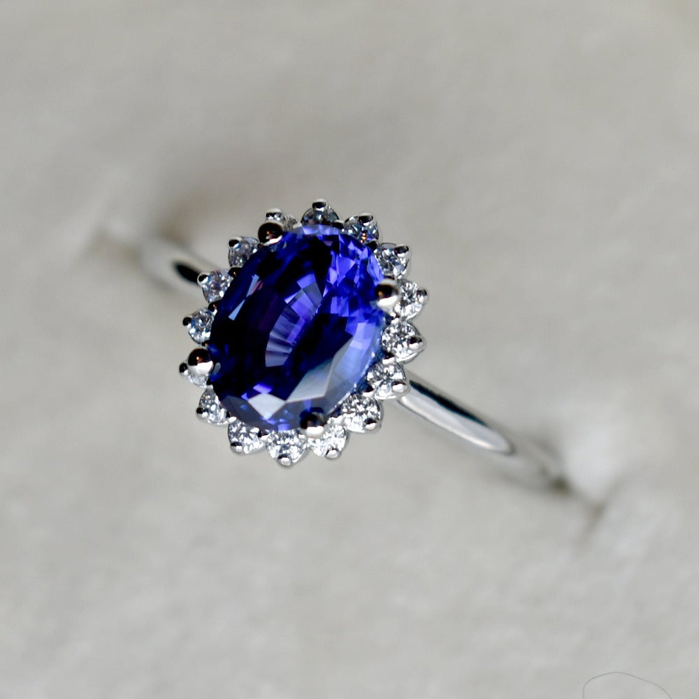 1.67ct Lab-Grown Blue Sapphire Halo Engagement Ring - Magpie Jewellery