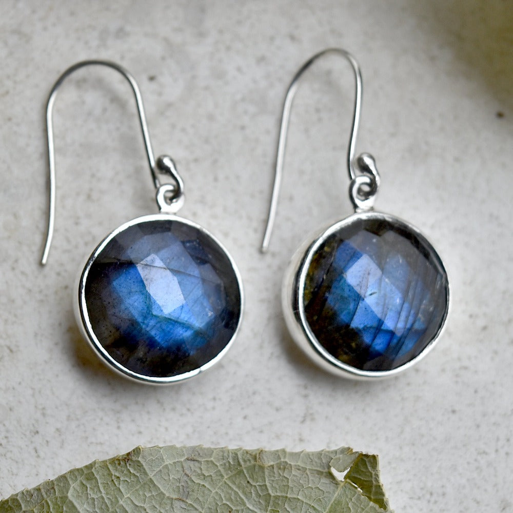 Polished Faceted Round Labradorite Drop Earrings - Magpie Jewellery