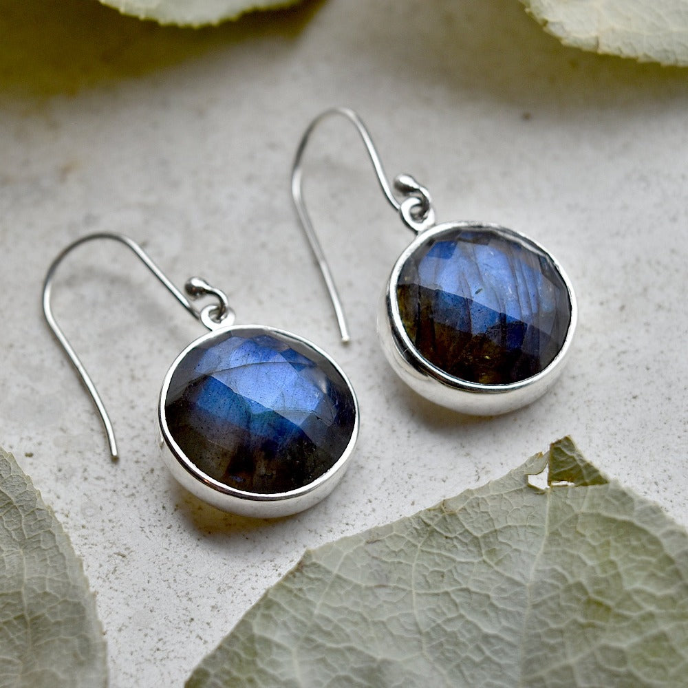 Polished Faceted Round Labradorite Drop Earrings - Magpie Jewellery
