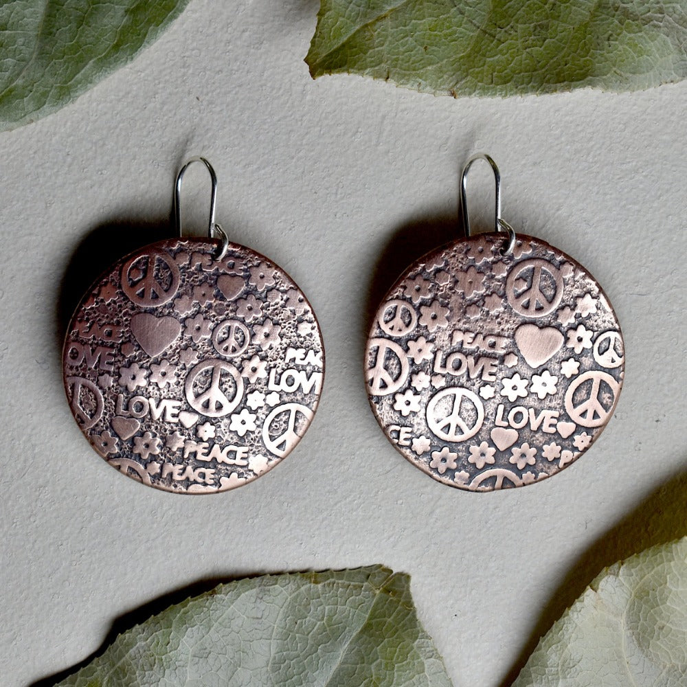 Peace &amp; Love Large Copper Disc Drop Earrings - Magpie Jewellery
