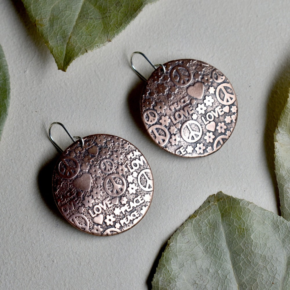 Peace & Love Large Copper Disc Drop Earrings - Magpie Jewellery