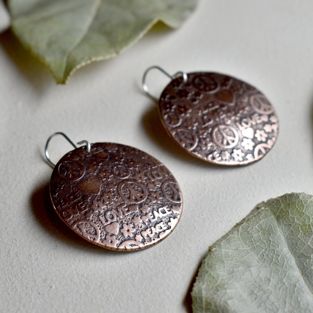 Peace &amp; Love Large Copper Disc Drop Earrings - Magpie Jewellery
