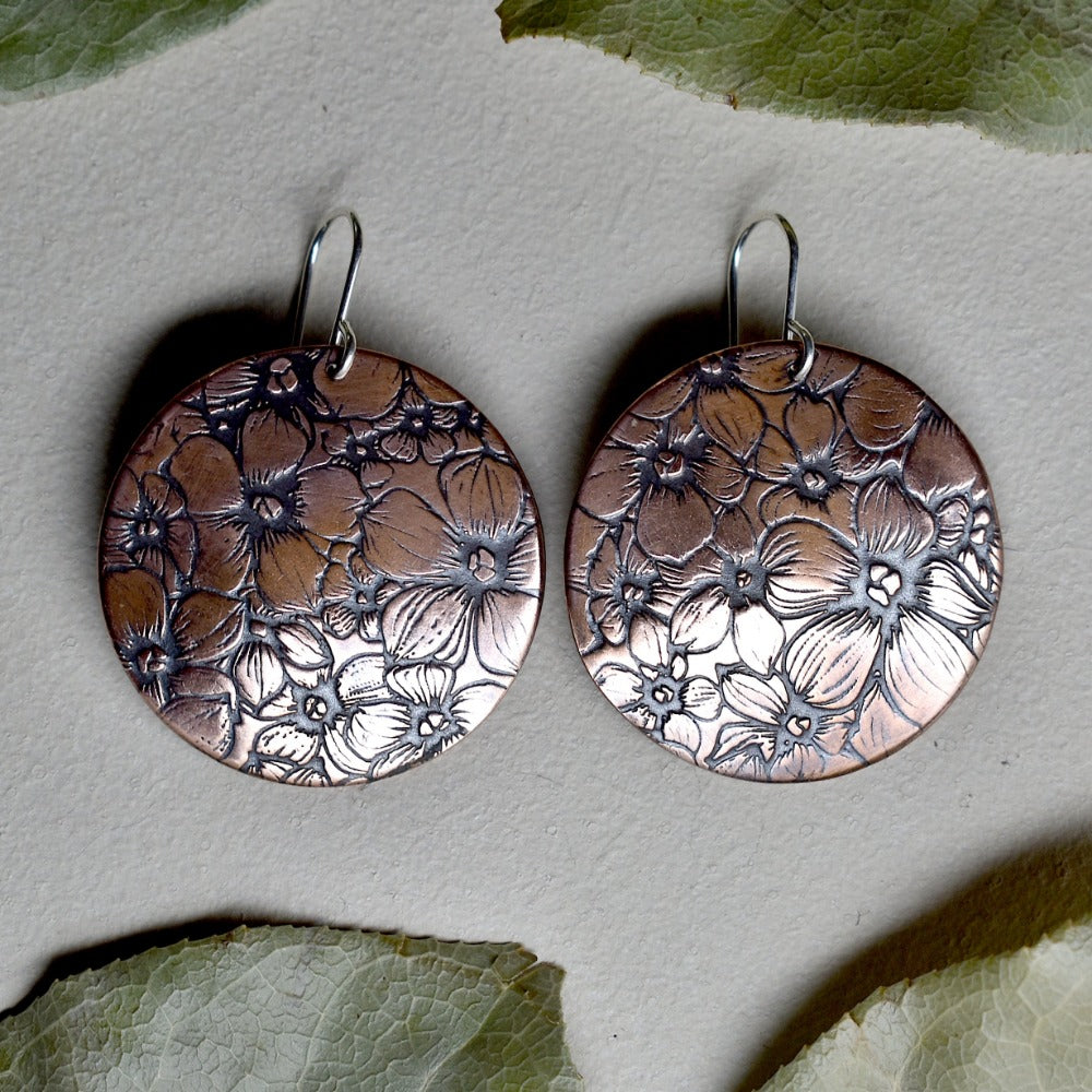 Floral Field Large Copper Disc Drop Earrings - Magpie Jewellery