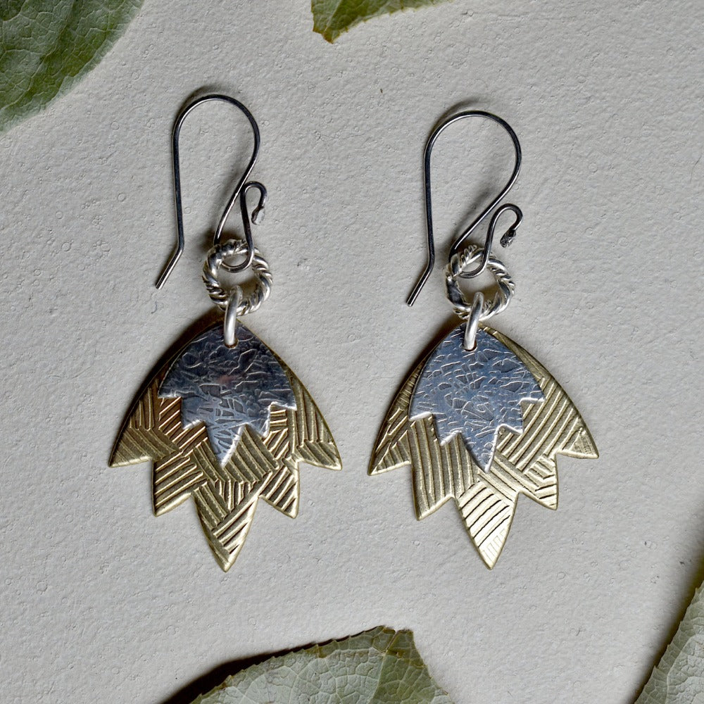 Brass Lotus Flower Double Drop Earrings - Magpie Jewellery