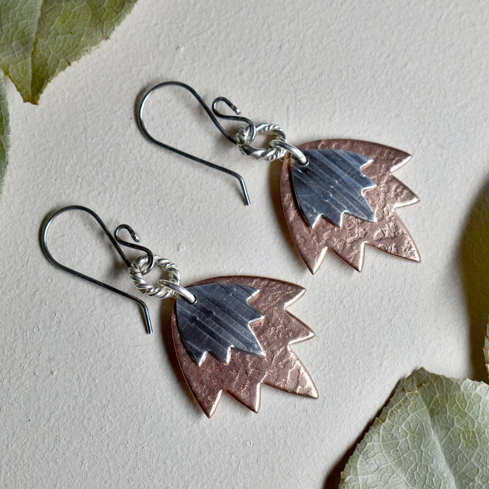 Copper Lotus Flower Double Drop Earrings - Magpie Jewellery