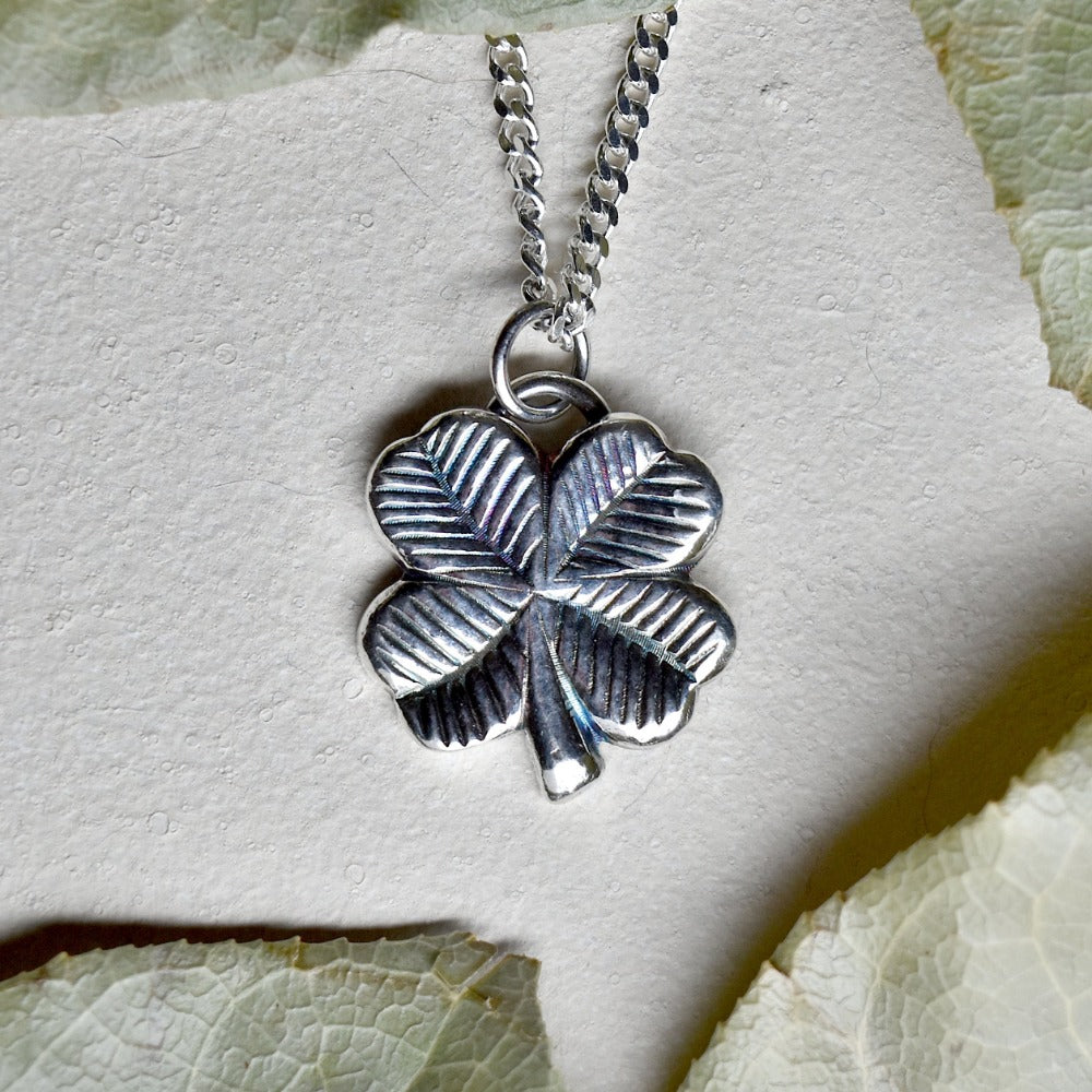 &#39;4 Leaf Clover&#39; Die Struck Silver Necklace - Magpie Jewellery