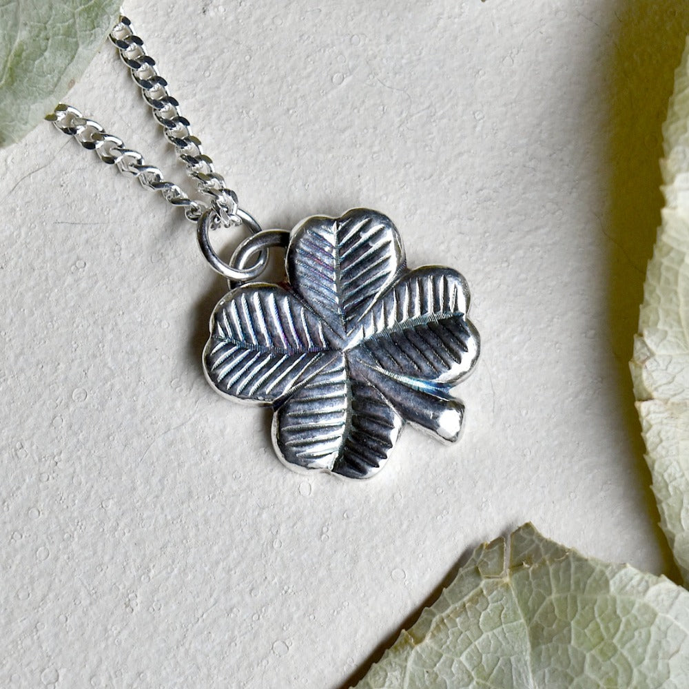 &#39;4 Leaf Clover&#39; Die Struck Silver Necklace - Magpie Jewellery