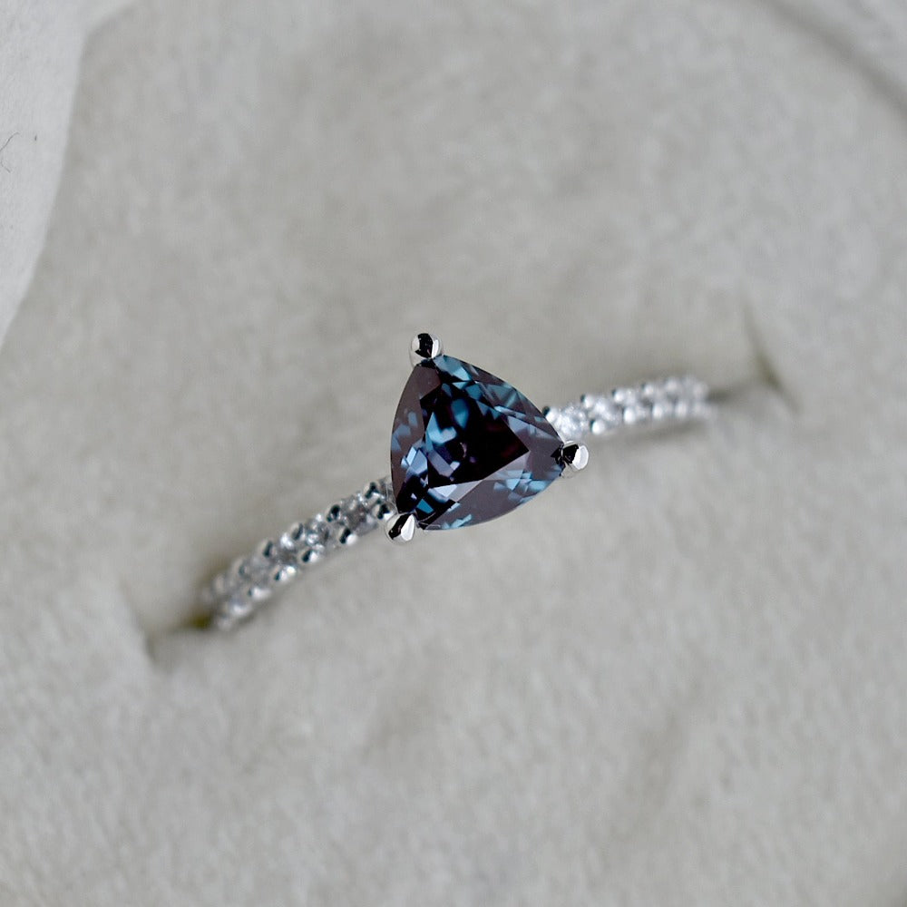 14k White Gold Trillion Cut Synthetic Alexandrite Engagement Ring - Magpie Jewellery