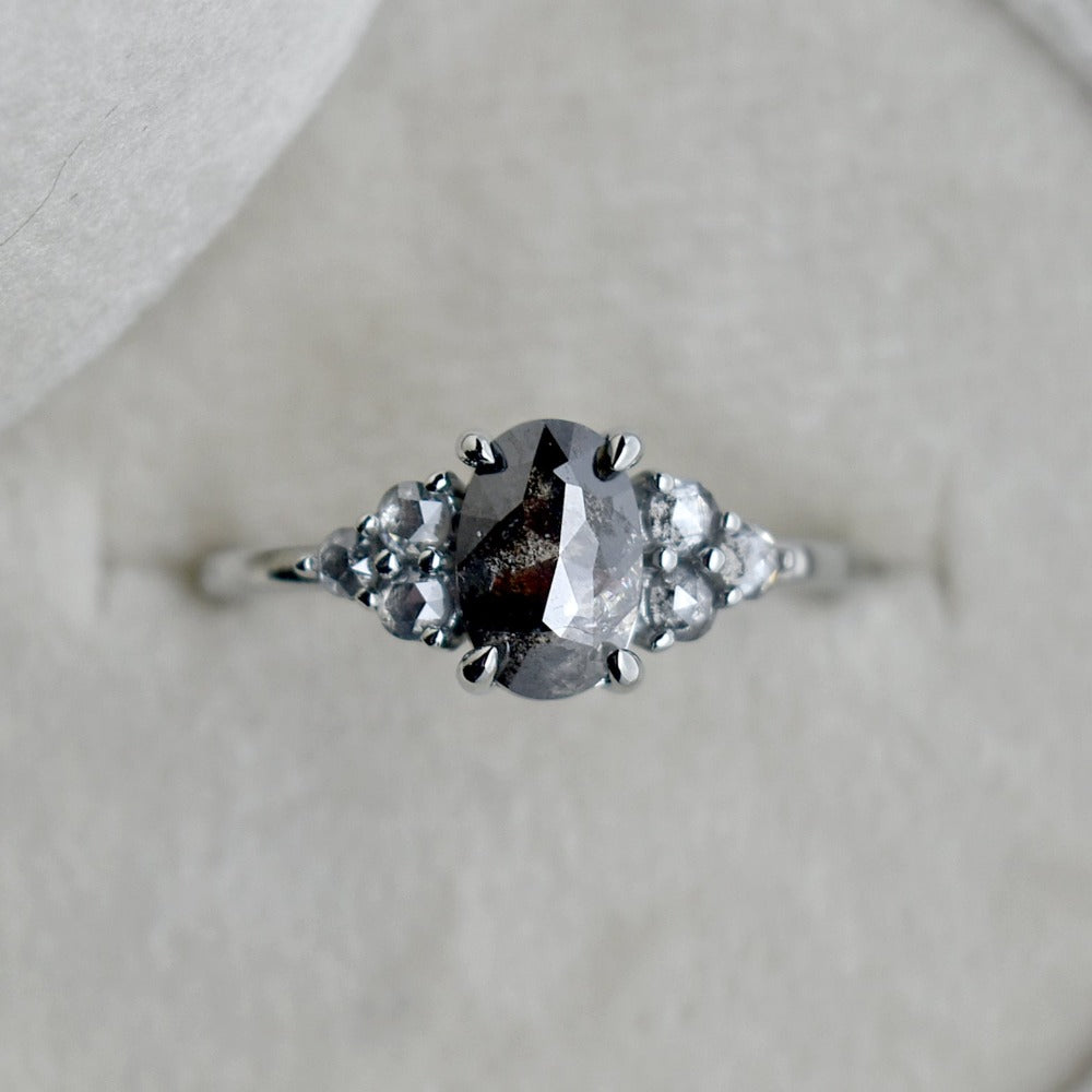 19kw Oval Salt & Pepper Diamond Ring with Clustered Accents - Magpie Jewellery
