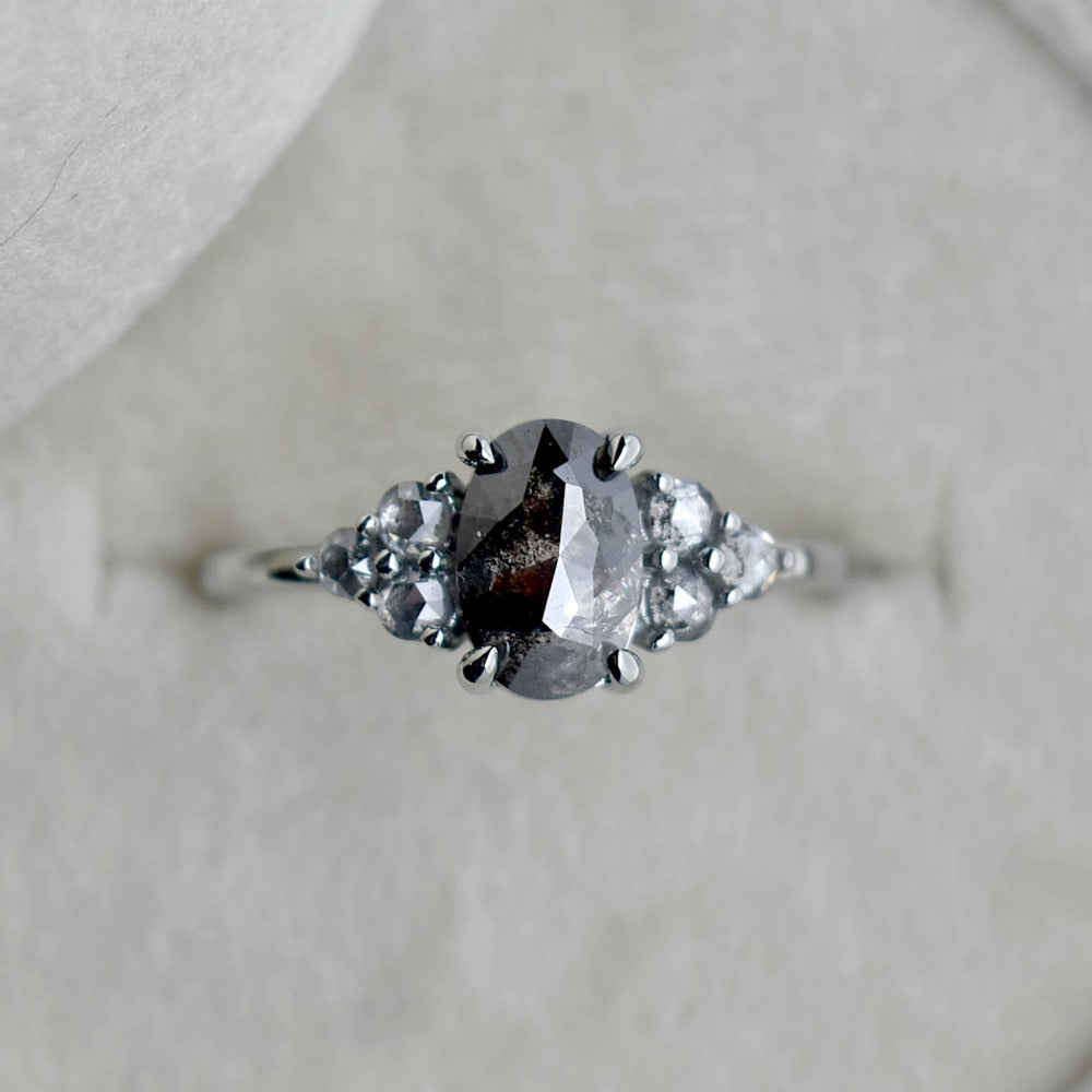 19kw Oval Salt &amp; Pepper Diamond Ring with Clustered Accents - Magpie Jewellery